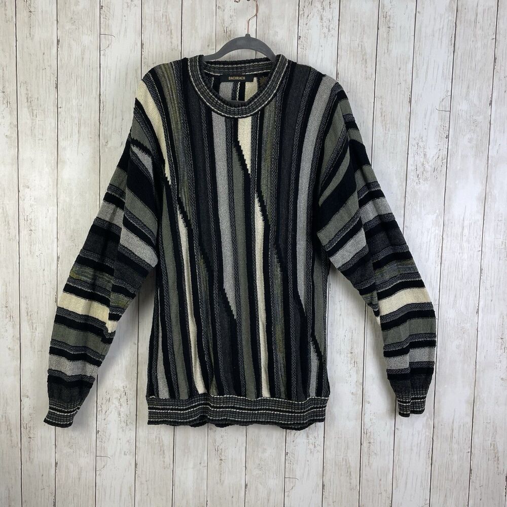 Vtg Bachrach Sweater Men’s L Black Gray Striped Textured Biggie Cosby 90s USA